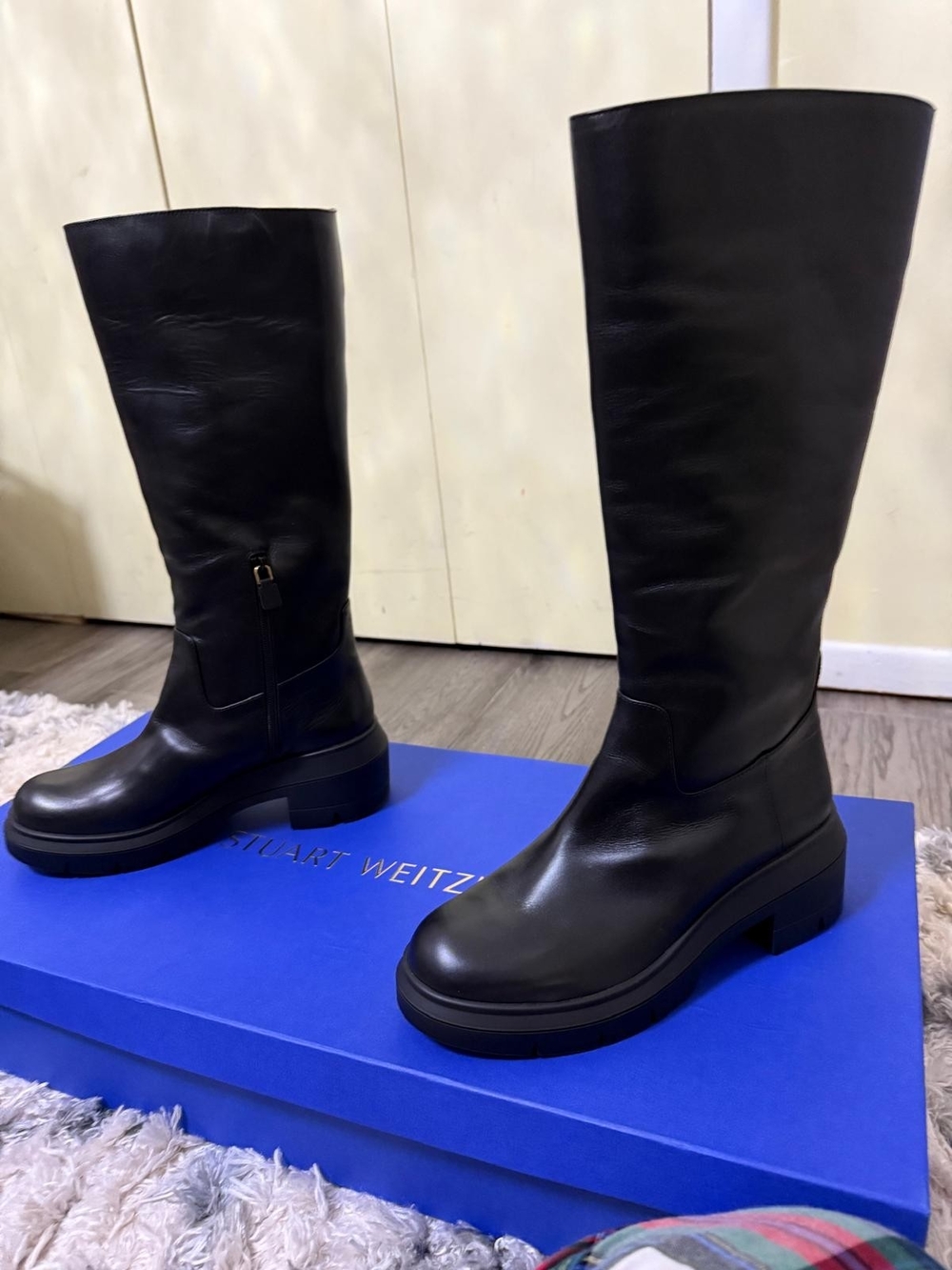 Stuart Weitzman Black Leather Tall Lug-Sole Boots
